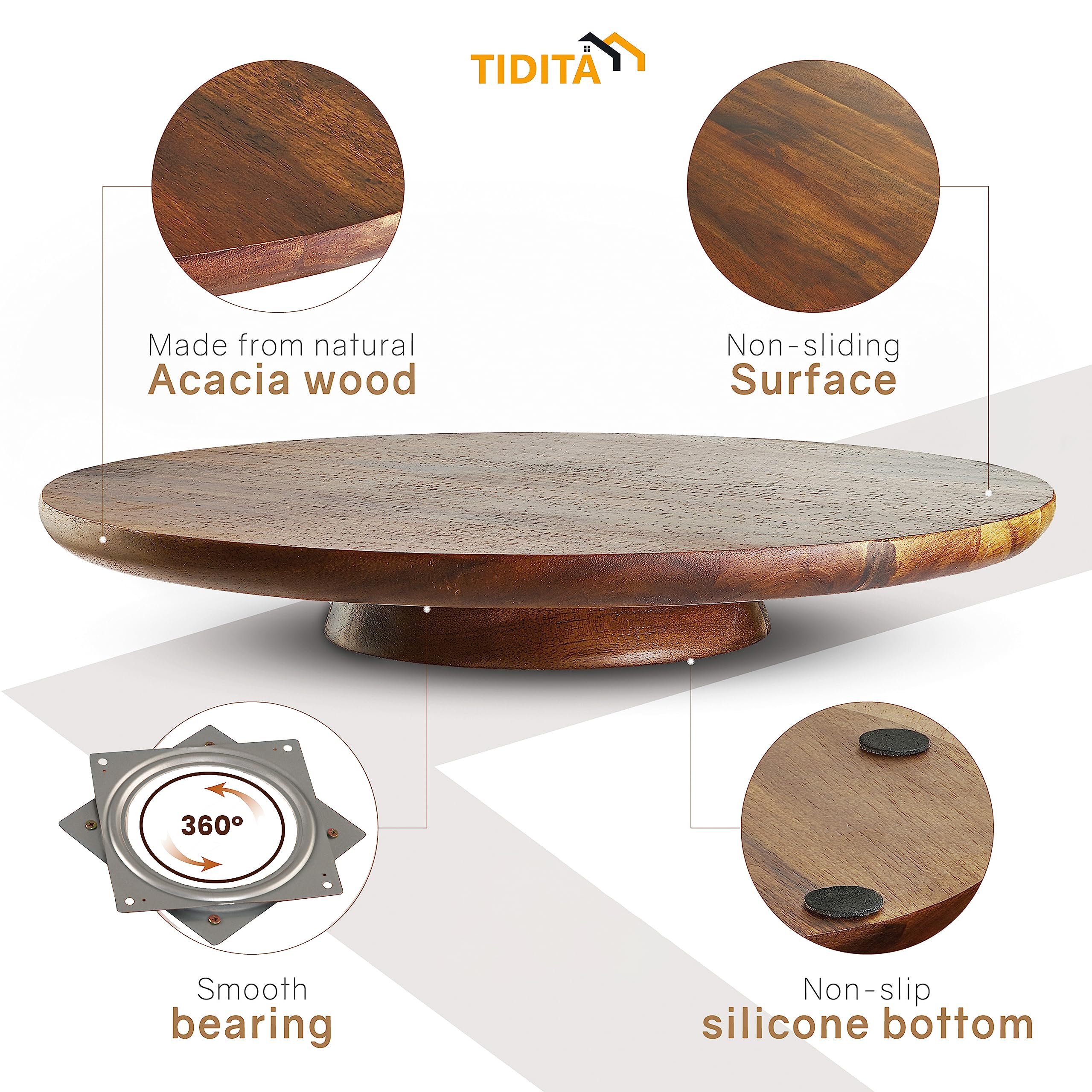 Tidita acacia wood turntable displays desserts with smooth rotation.