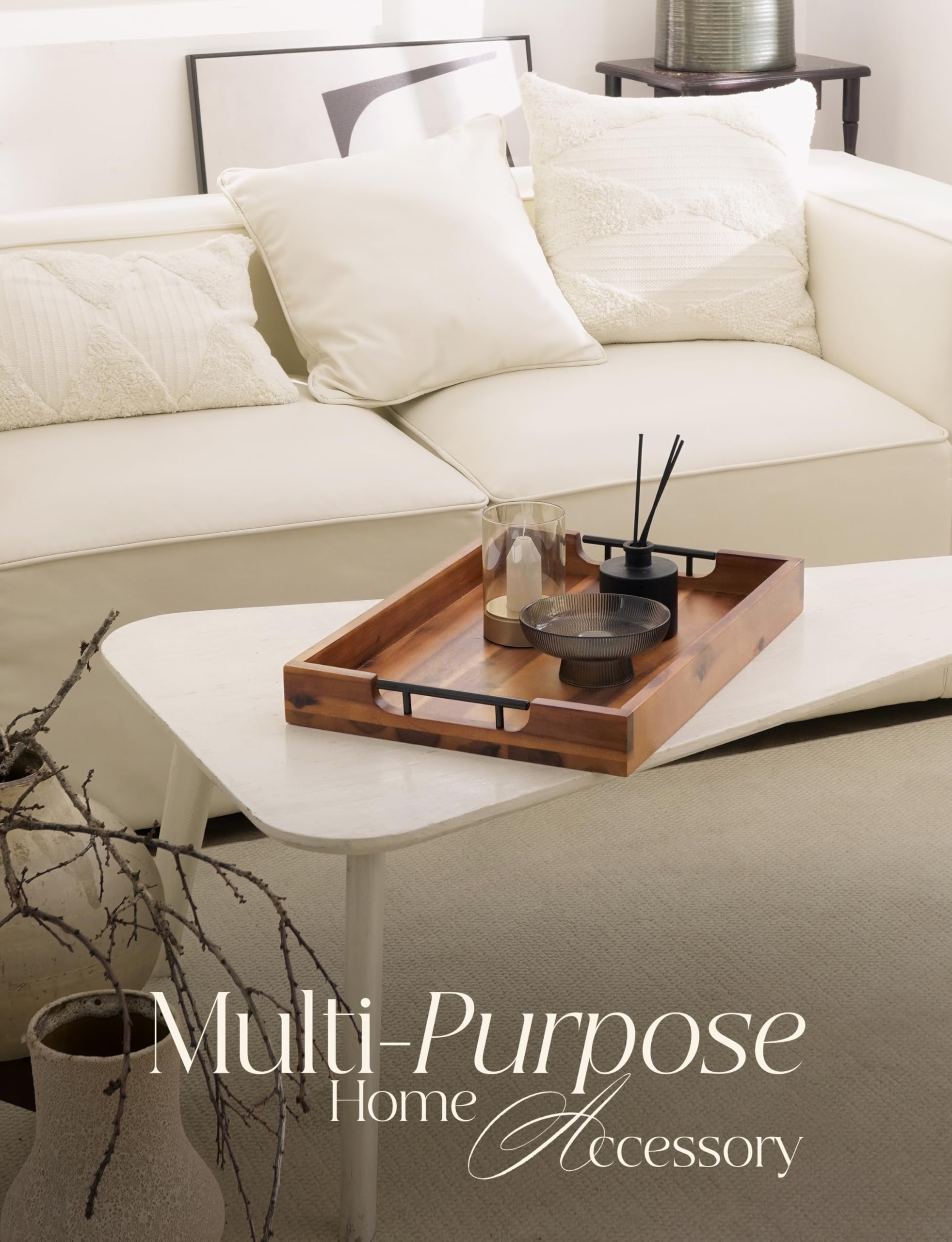 Tidita decorative tray in warm acacia tones adds charm to shelves and ottomans