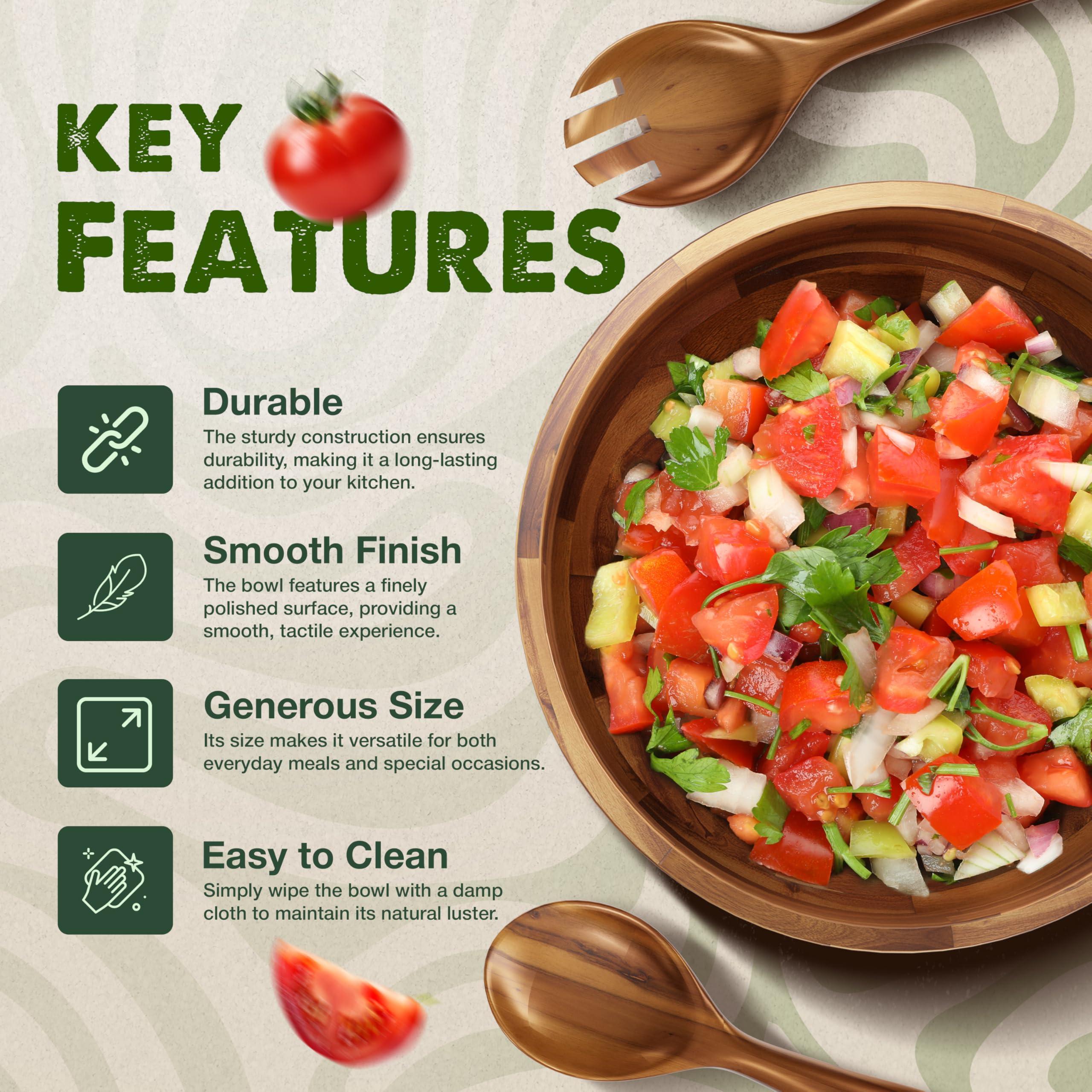 Tidita wooden-hand utensils included for convenient serving and tossing.