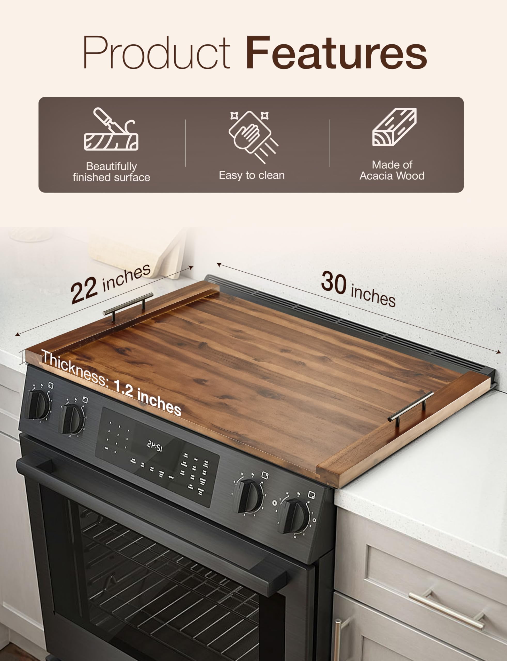 Walnut-accent Tidita cover protects counters while cooking.