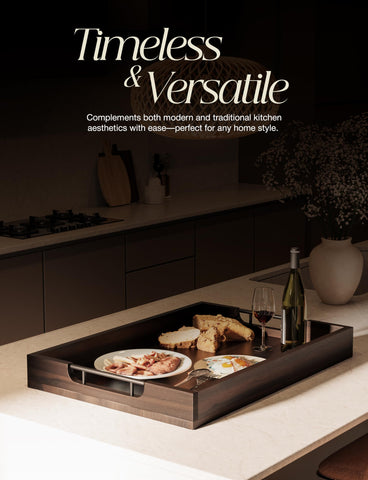 Tidita walnut-toned tray on coffee table; versatile living room centerpiece.