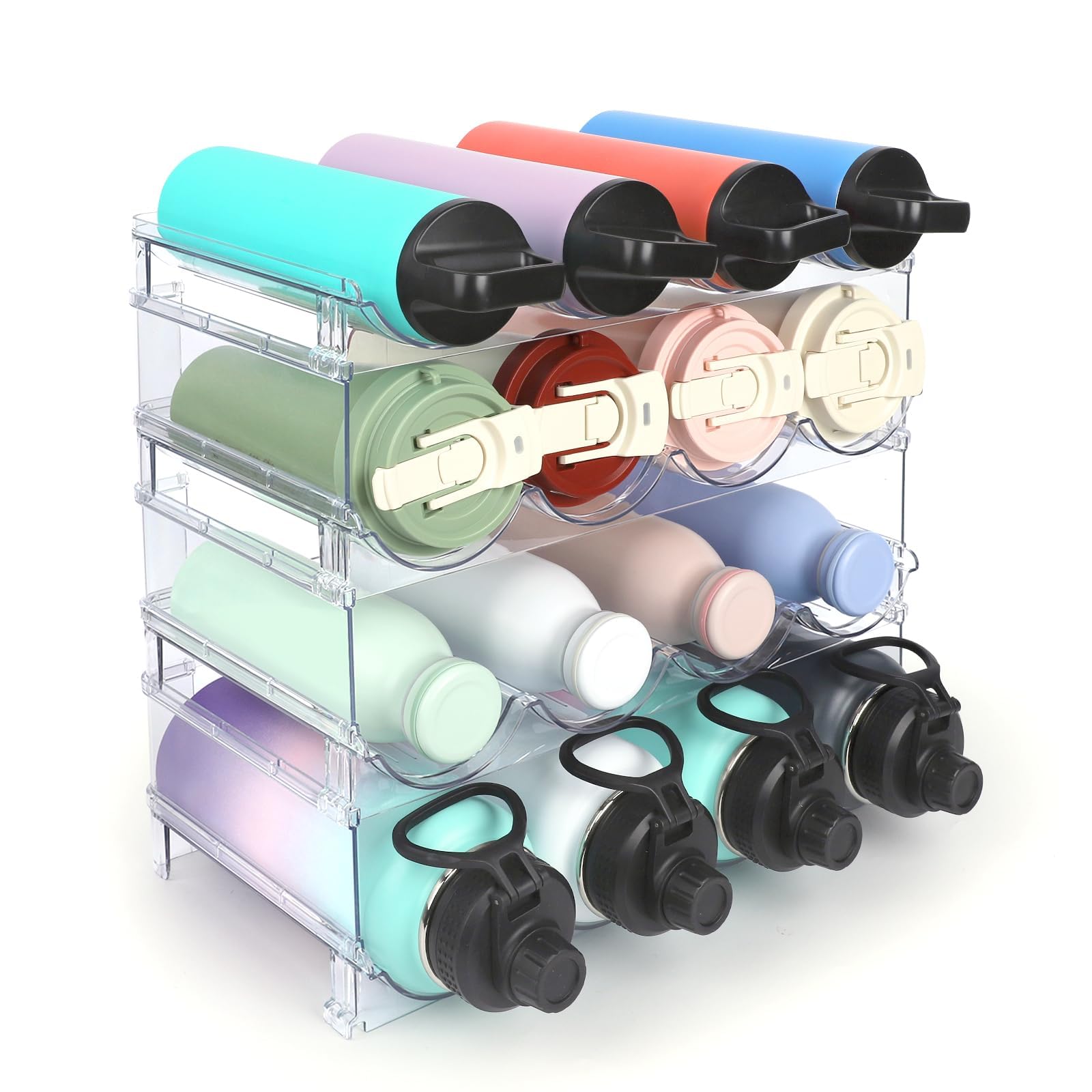 TIDY SAVANT water bottle organizer shown as a clear four-tier rack in a cabinet.