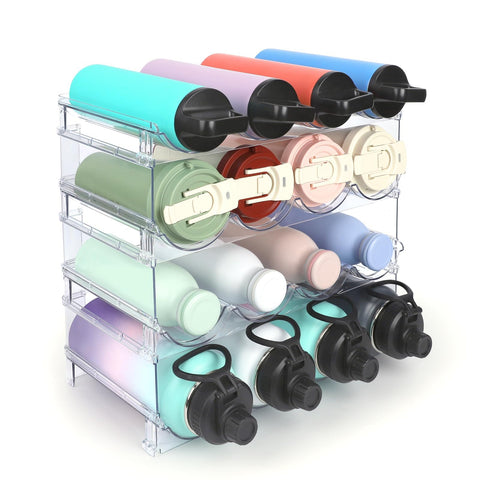 TIDY SAVANT water bottle organizer shown as a clear four-tier rack in a cabinet.