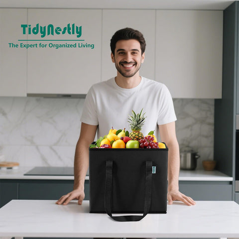 TidyNestly collapsible tote folds flat for compact storage.