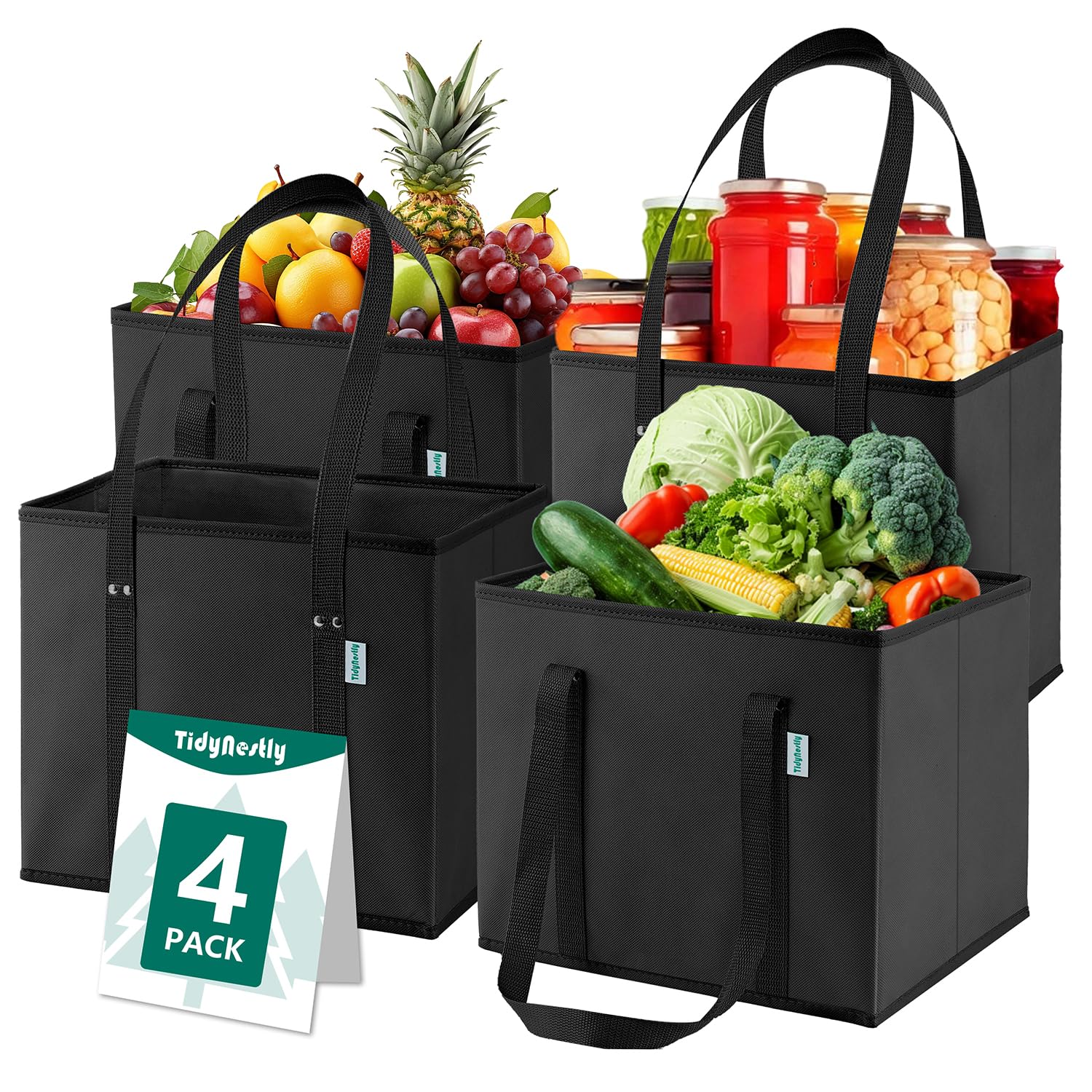 TidyNestly foldable four-pack box-shape bag keeps groceries upright for easy loading.