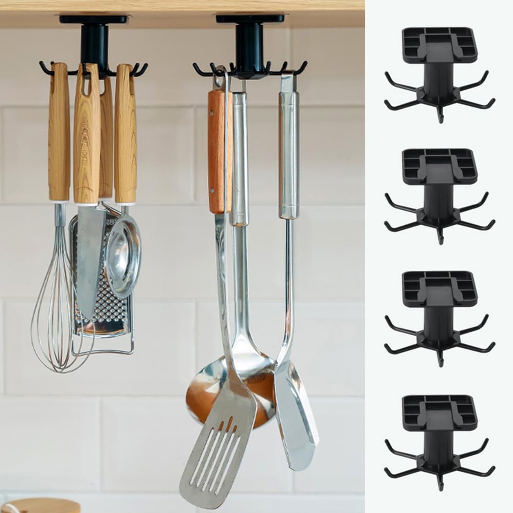 TIE-DailyNec under-cabinet hooks with 360° rotation design for versatile, space-saving kitchen storage.