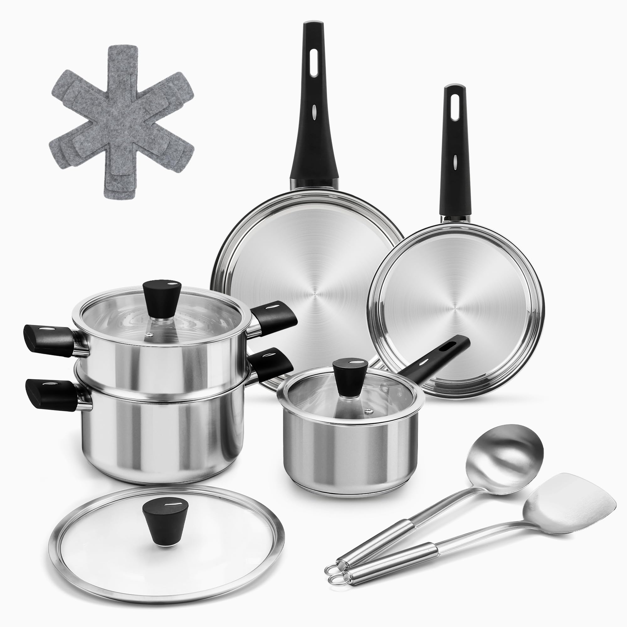Tieplis 14-piece stainless steel cookware set for versatile daily meals