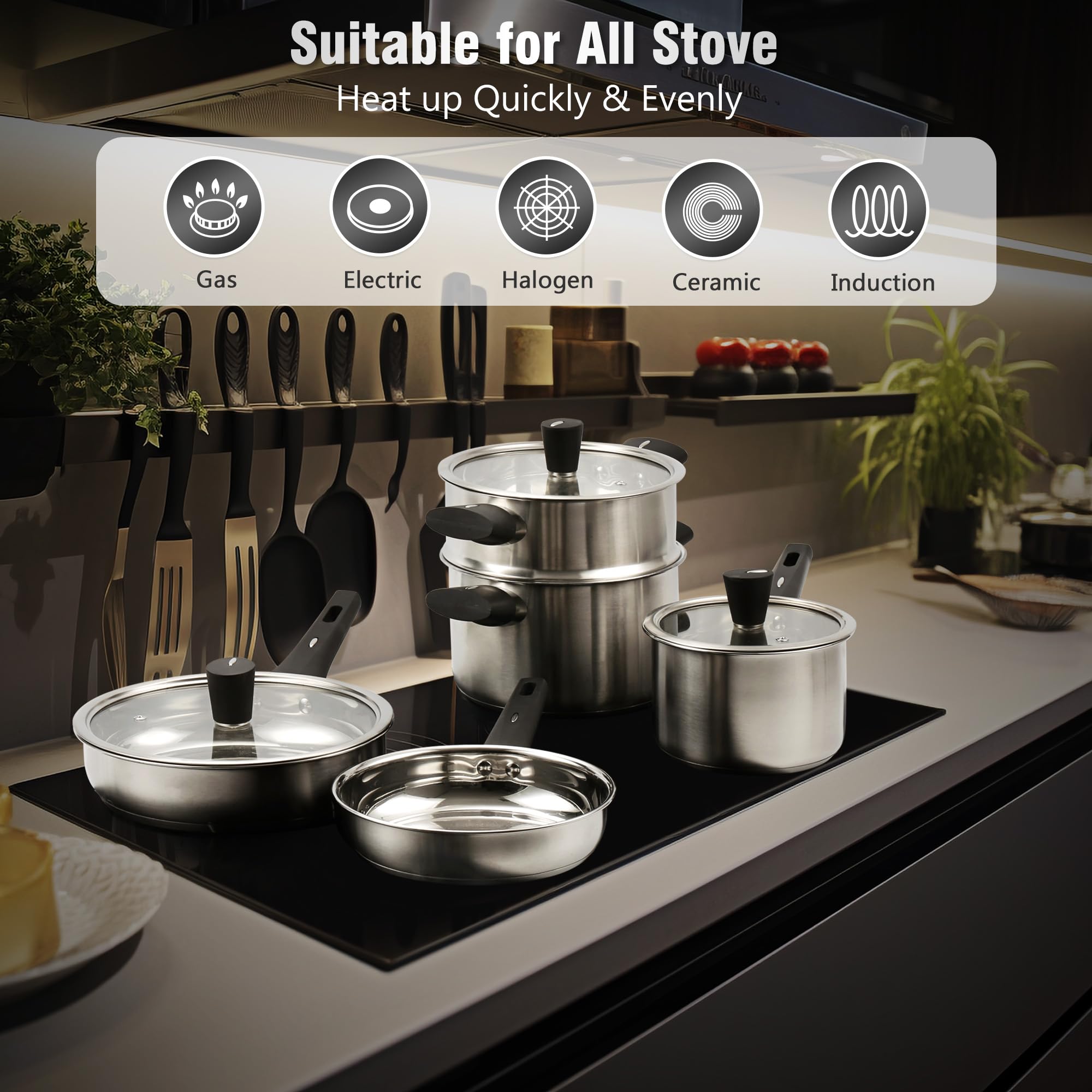 Tieplis 9.5-inch stainless fry pan with lid for sautéing