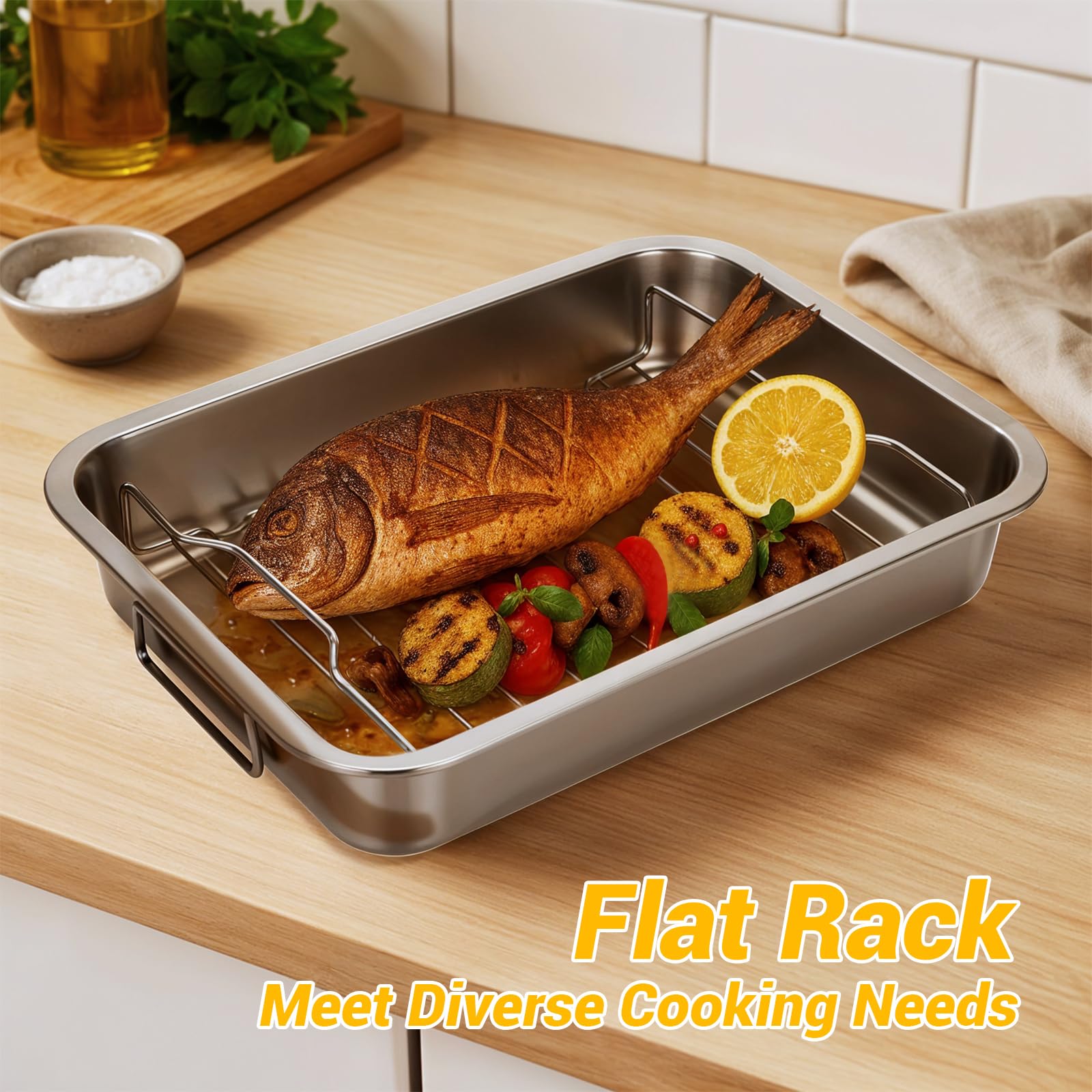Tifanso dishwasher-safe roasting pan with rack for simple cleanup.