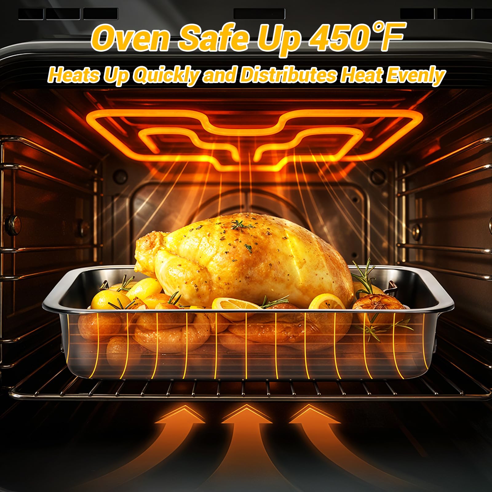 Tifanso roasting pan with deep sides to reduce splatter and collect drippings.