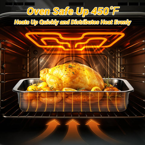 Tifanso roasting pan with deep sides to reduce splatter and collect drippings.