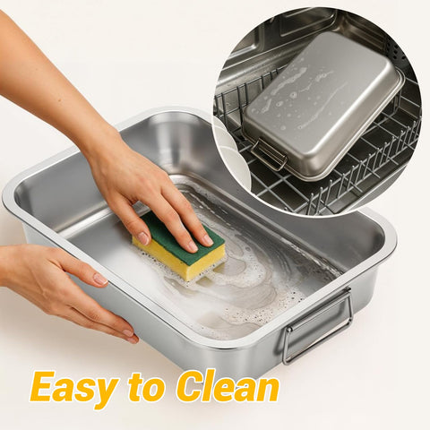 Tifanso roasting pan for vegetables and roasts with elevated rack.