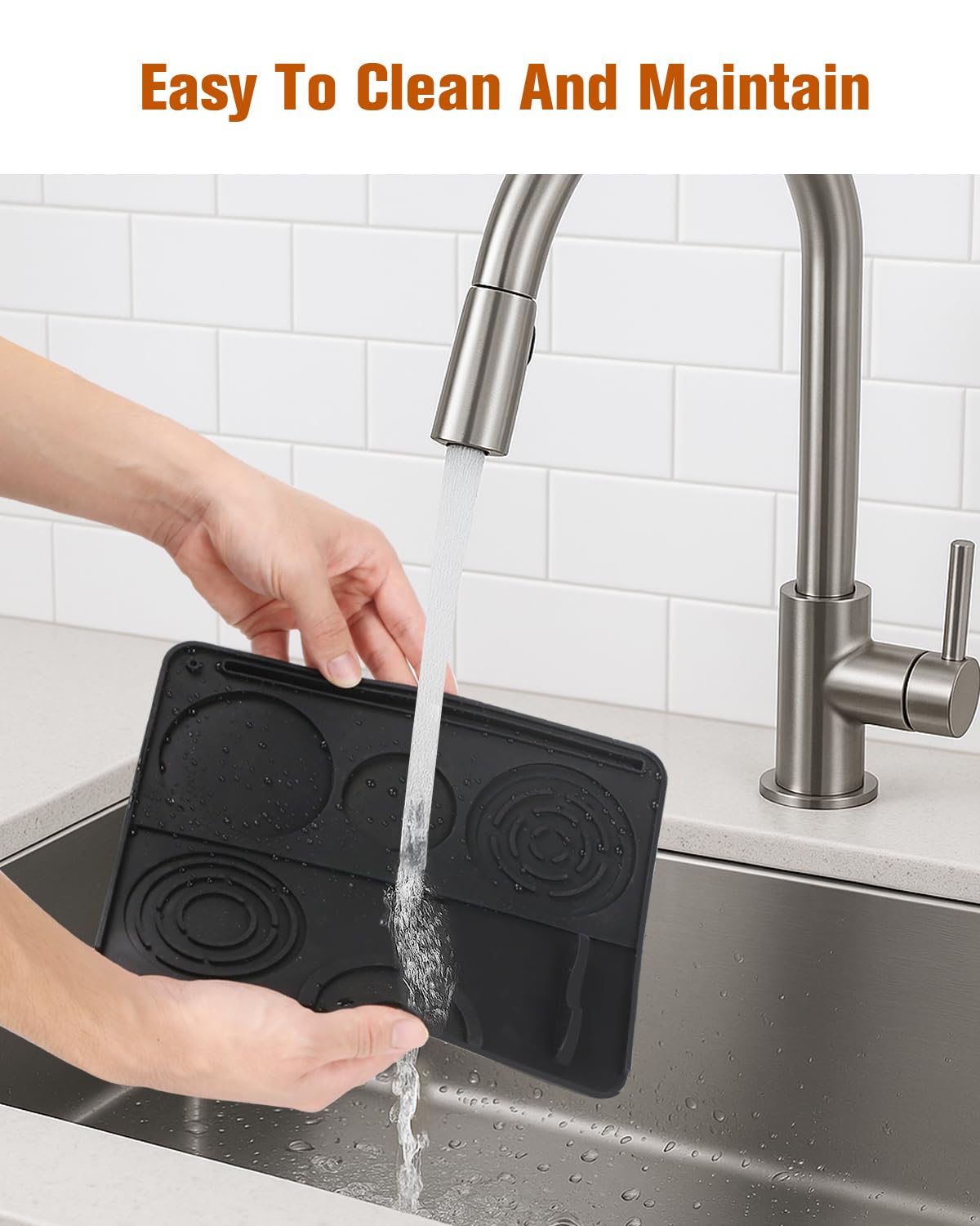 Dishwasher-safe Tiga silicone mat; easy to clean after espresso sessions