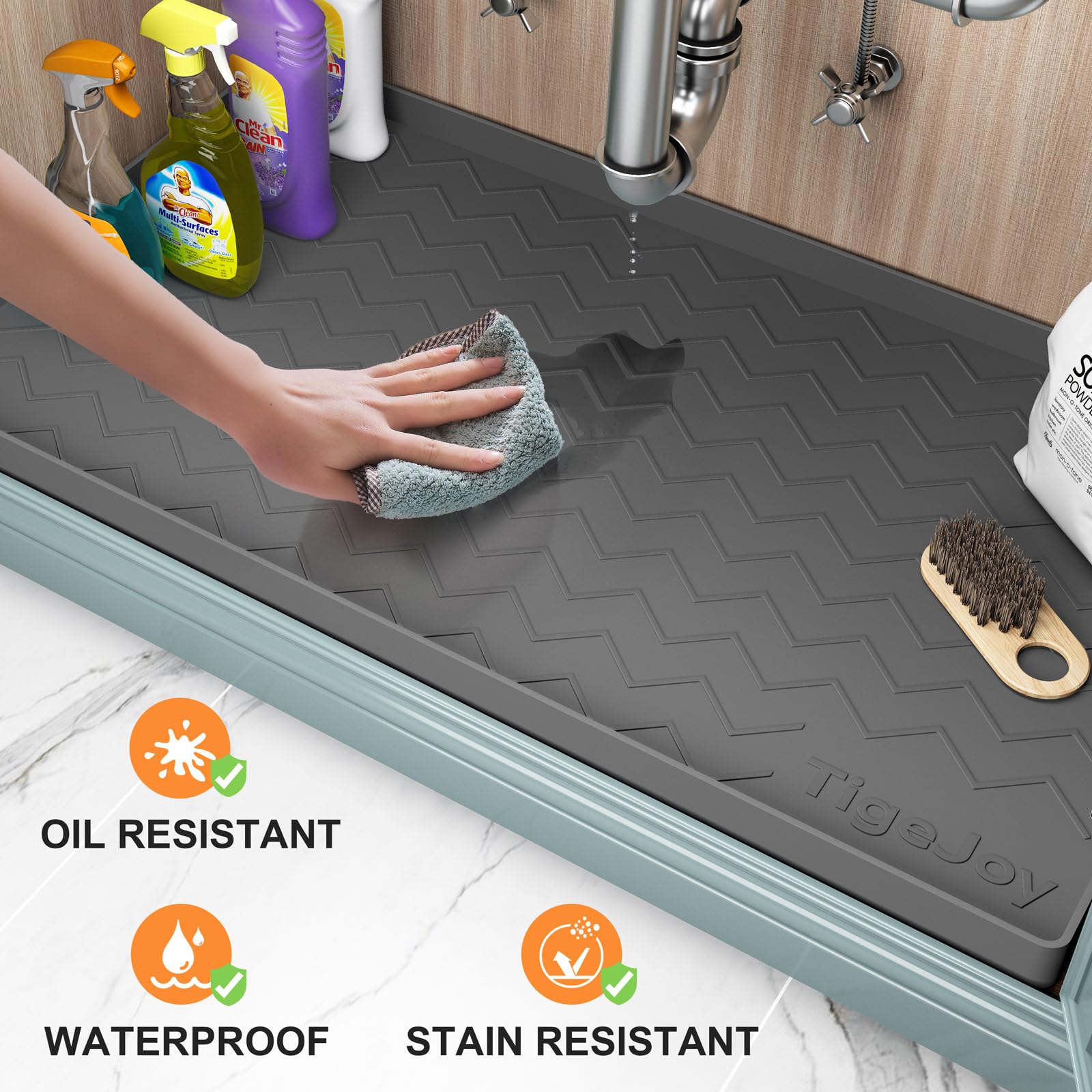 TigeJoy silicone cabinet liner guards against leaks and stains.
