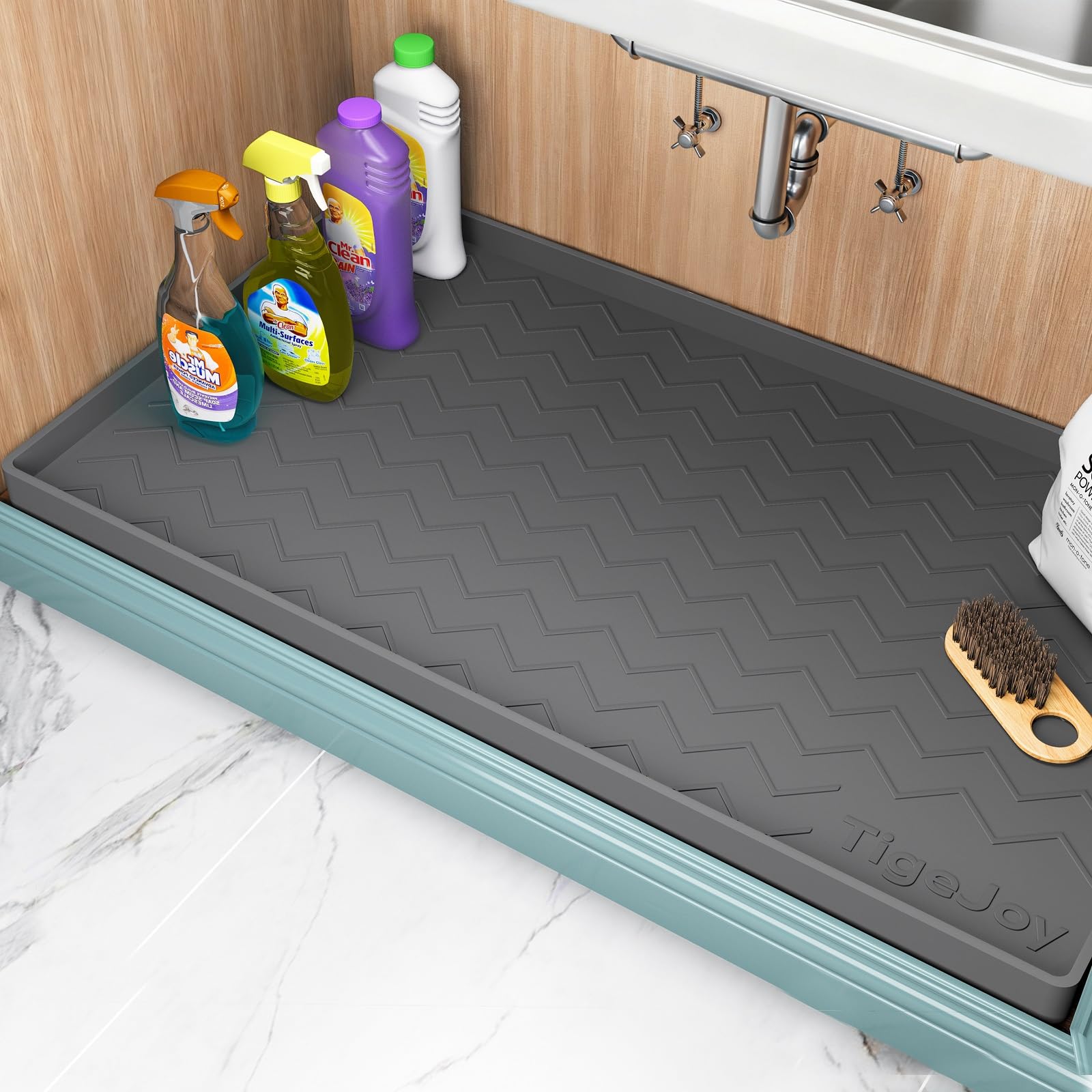 TigeJoy under-sink mat provides waterproof protection for cabinet interiors.