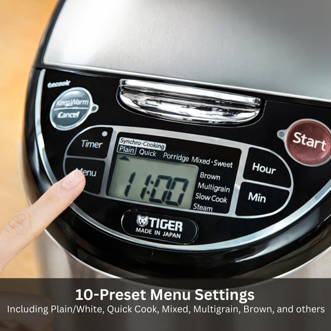 Tiger JAX-T18U-K BPA-free cooking tray preserves flavor separation.