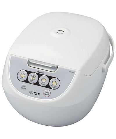Tiger JBV-A10U exterior white rice cooker with modern controls for easy operation