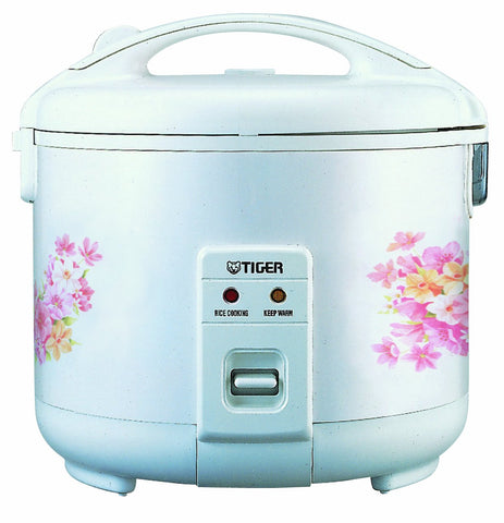 Tiger JNP-1500-FL floral white rice cooker on countertop, keeps rice warm for hours