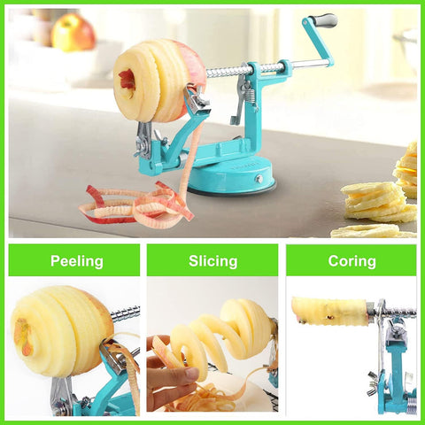 Hands using tigwin peeler to pare and slice apples