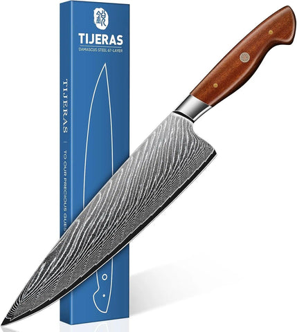 TIJERAS Damascus chef knife 9-inch blade close-up shows razor-sharp edge for precise slicing