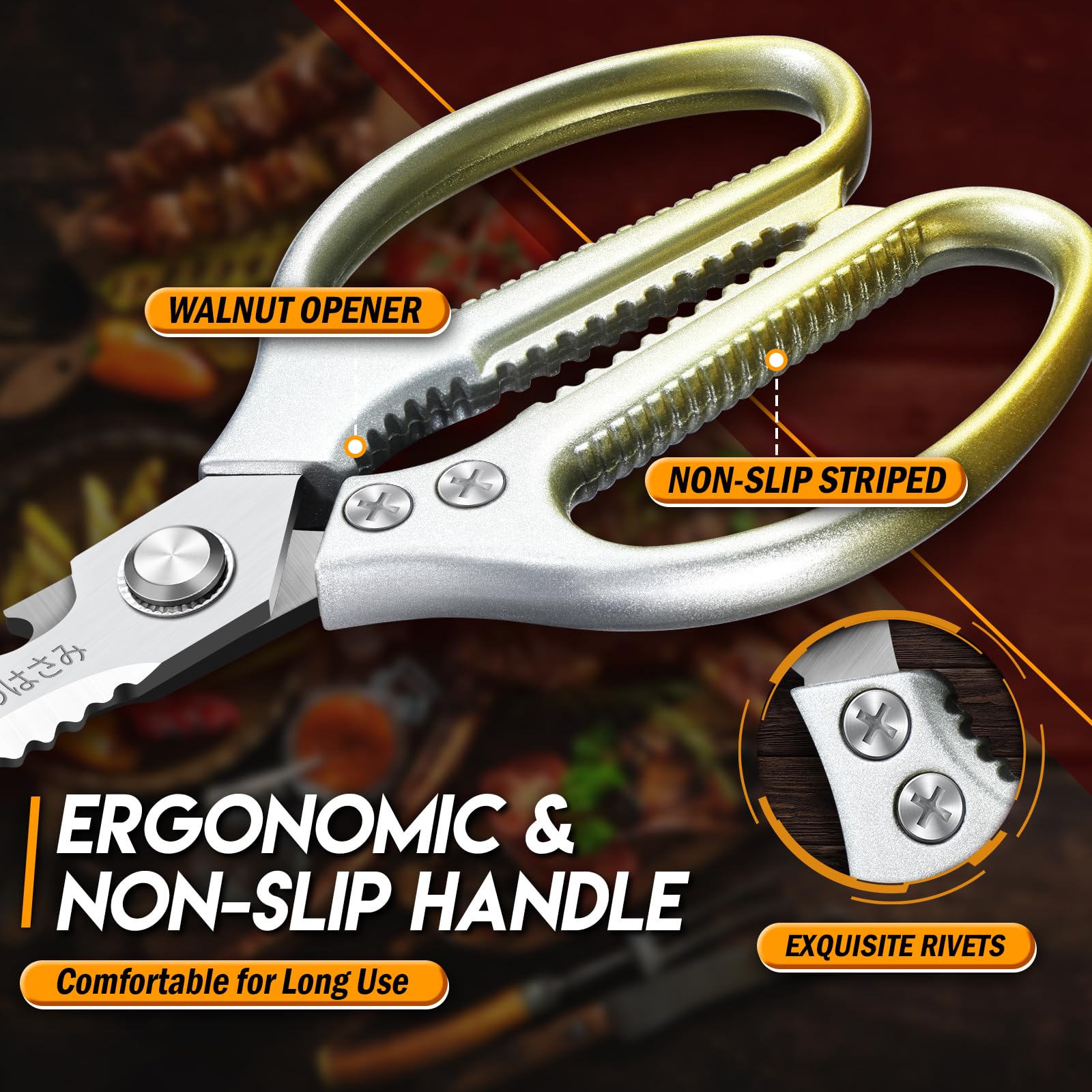 TIJERAS gold kitchen scissors ideal for meat prep and trimming.
