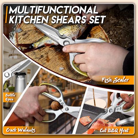TIJERAS gold kitchen scissors ergonomic handles provide comfortable control during long prep.