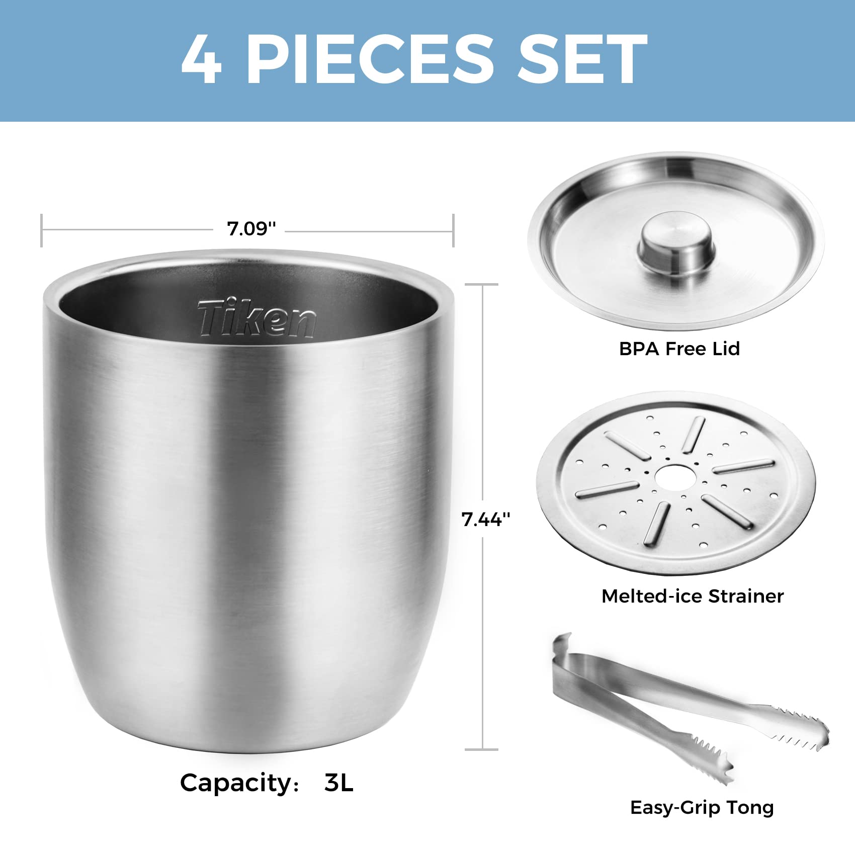 Tiken stainless steel ice bucket with dry exterior for clean counters.