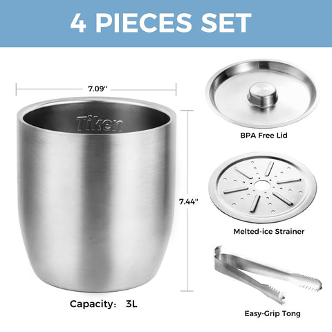 Tiken stainless steel ice bucket with dry exterior for clean counters.