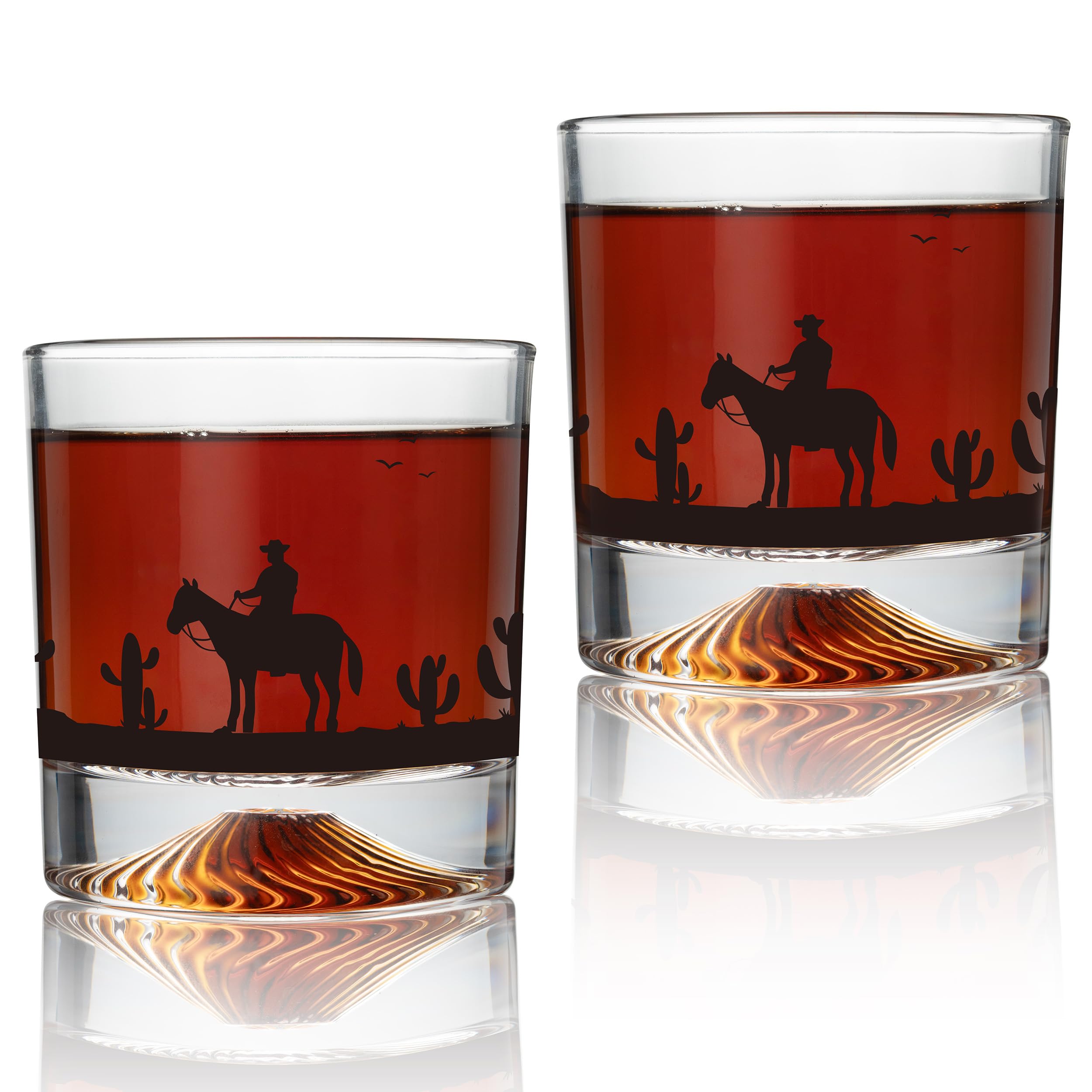 TIKIRUGI Western Desert whiskey glasses with etched design for rugged home bar vibe.