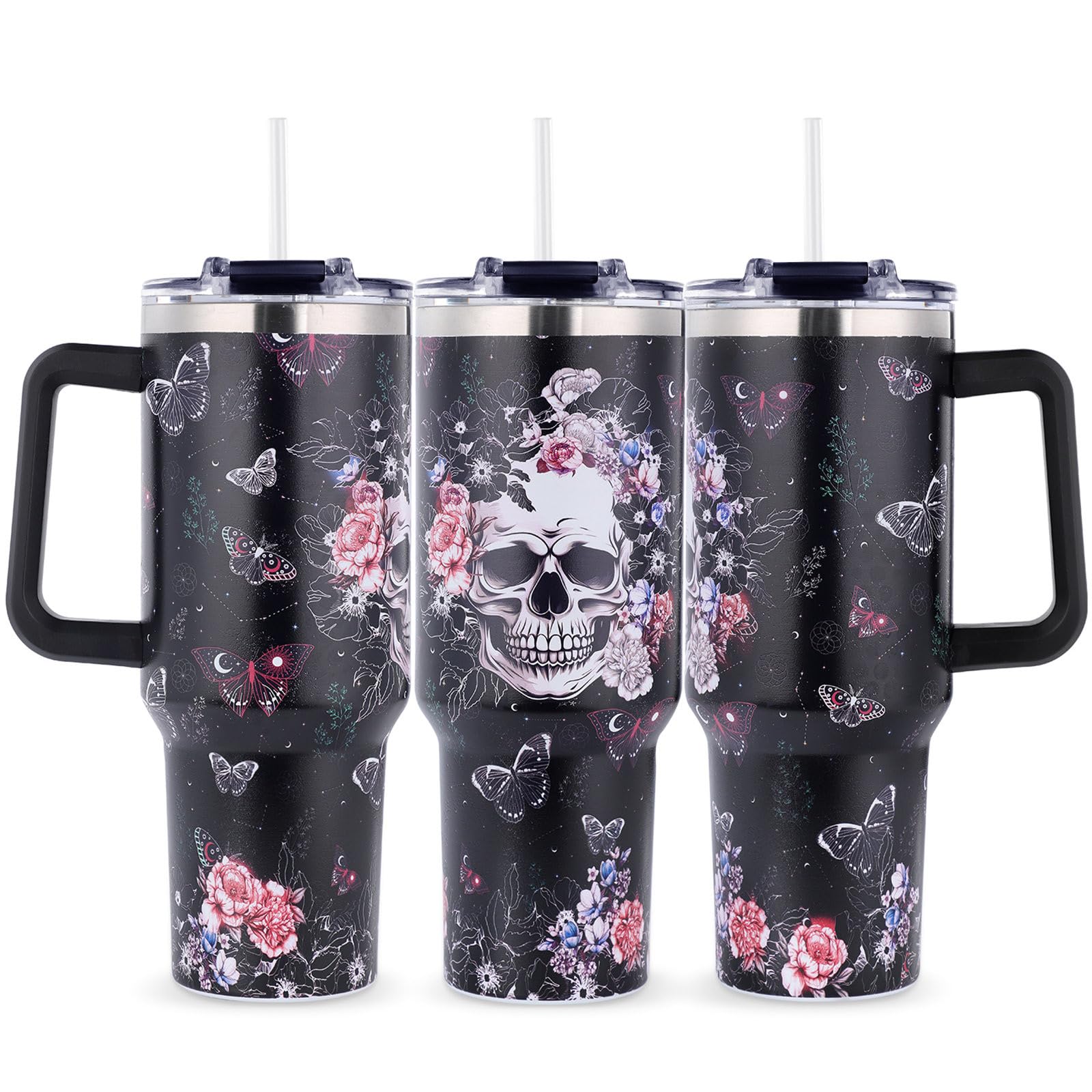 TikMODERN skull tumbler 40oz with handle for easy transport and all-day hydration.
