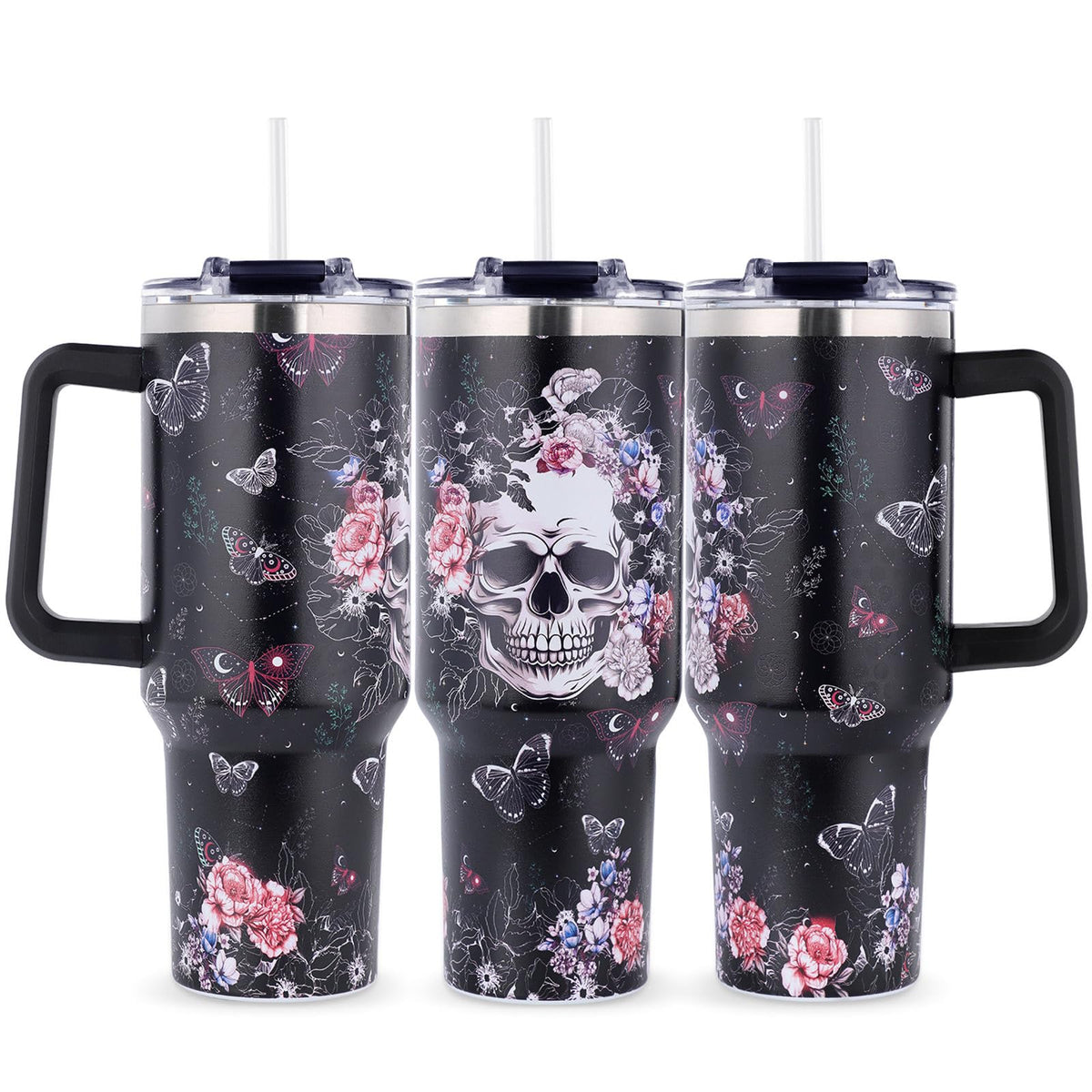 TikMODERN skull tumbler 40oz with handle for easy transport and all-day hydration.