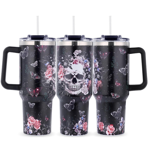 TikMODERN skull tumbler 40oz with handle for easy transport and all-day hydration.