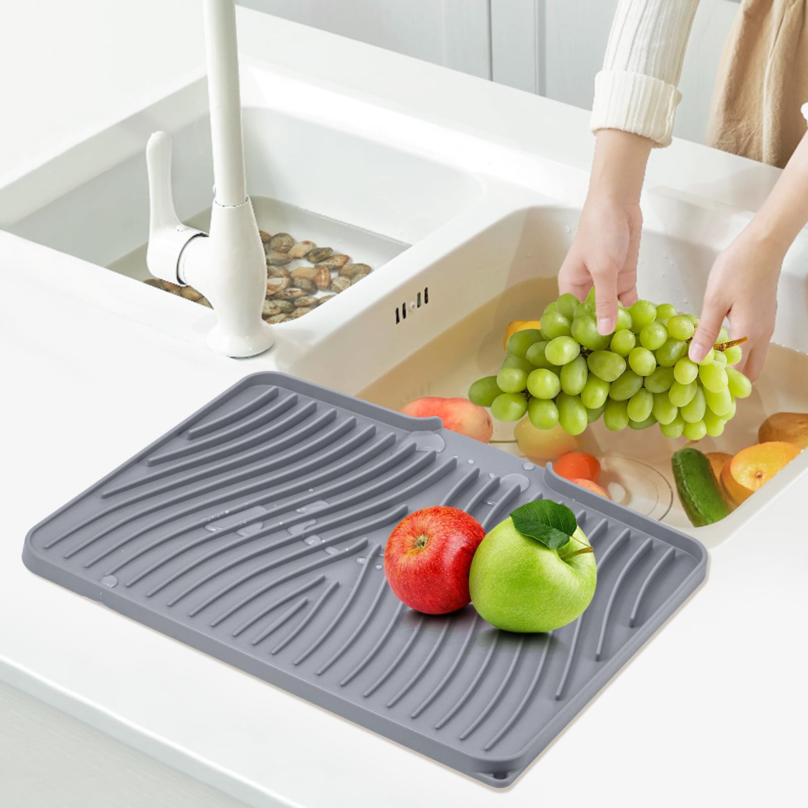 TIKNIK dish drying mat features an easy-clean surface and hanging hole.