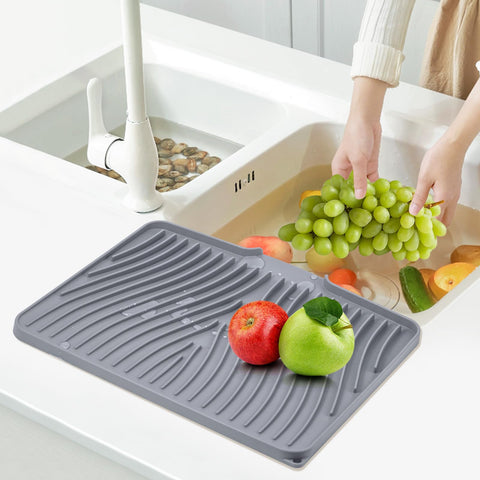 TIKNIK dish drying mat features an easy-clean surface and hanging hole.