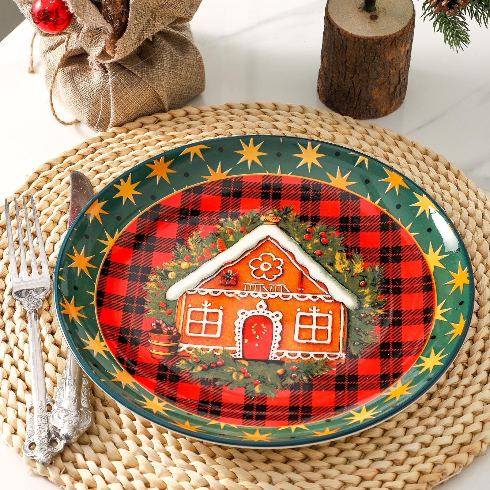Tikooere red plaid border plates brighten Christmas tables for gatherings.
