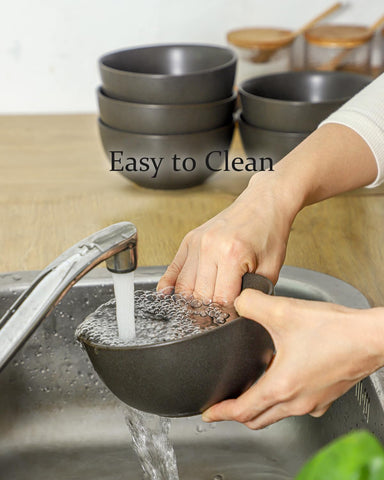Tikooere matte-black bowls shown during breakfast and salads.