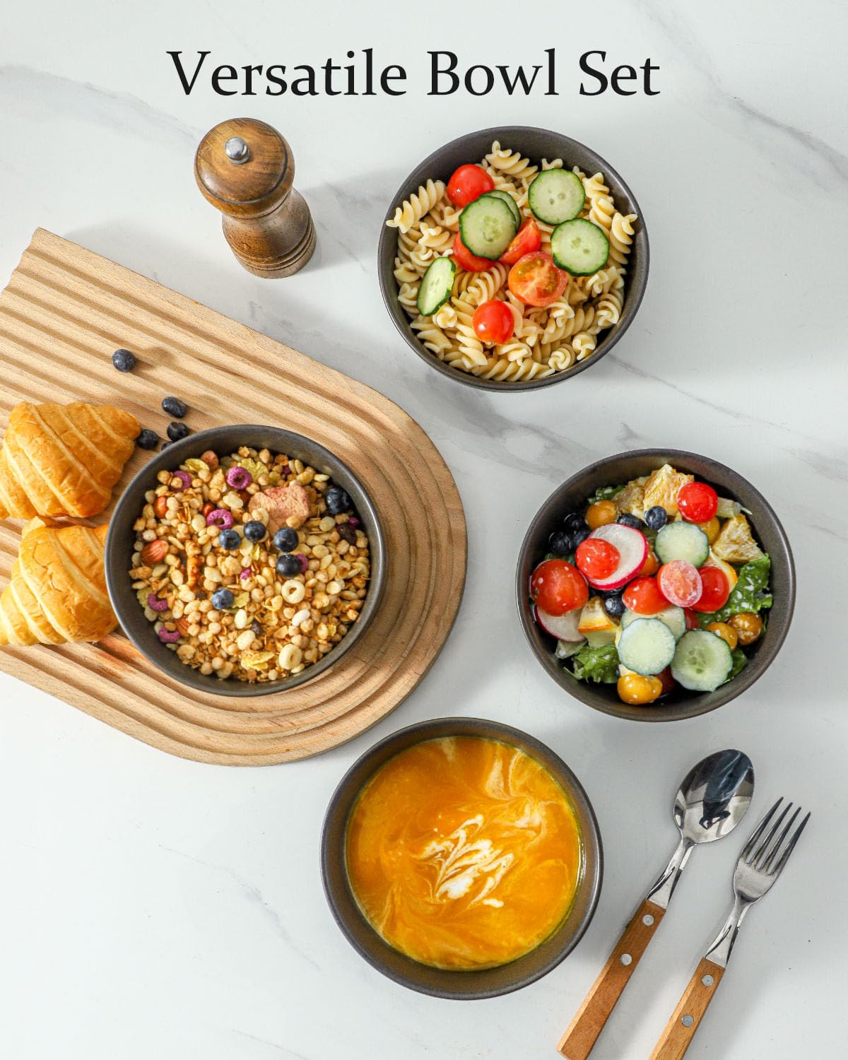 Tikooere six-inch 24oz bowls stacked to save cabinet space.