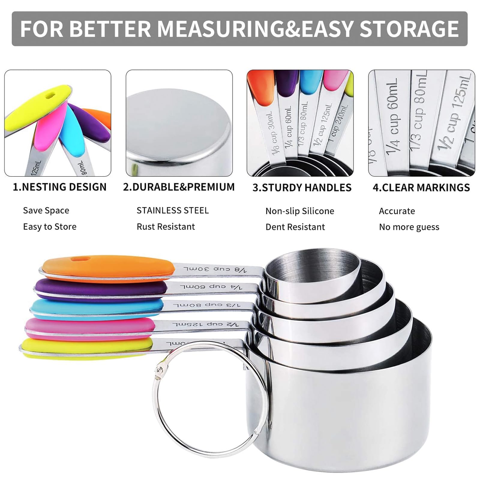 TILUCK measuring cups show clear markings and sizes for quick identification.