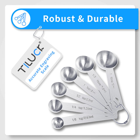 TILUCK measuring cups and spoons feature engraved size marks for fast readings.
