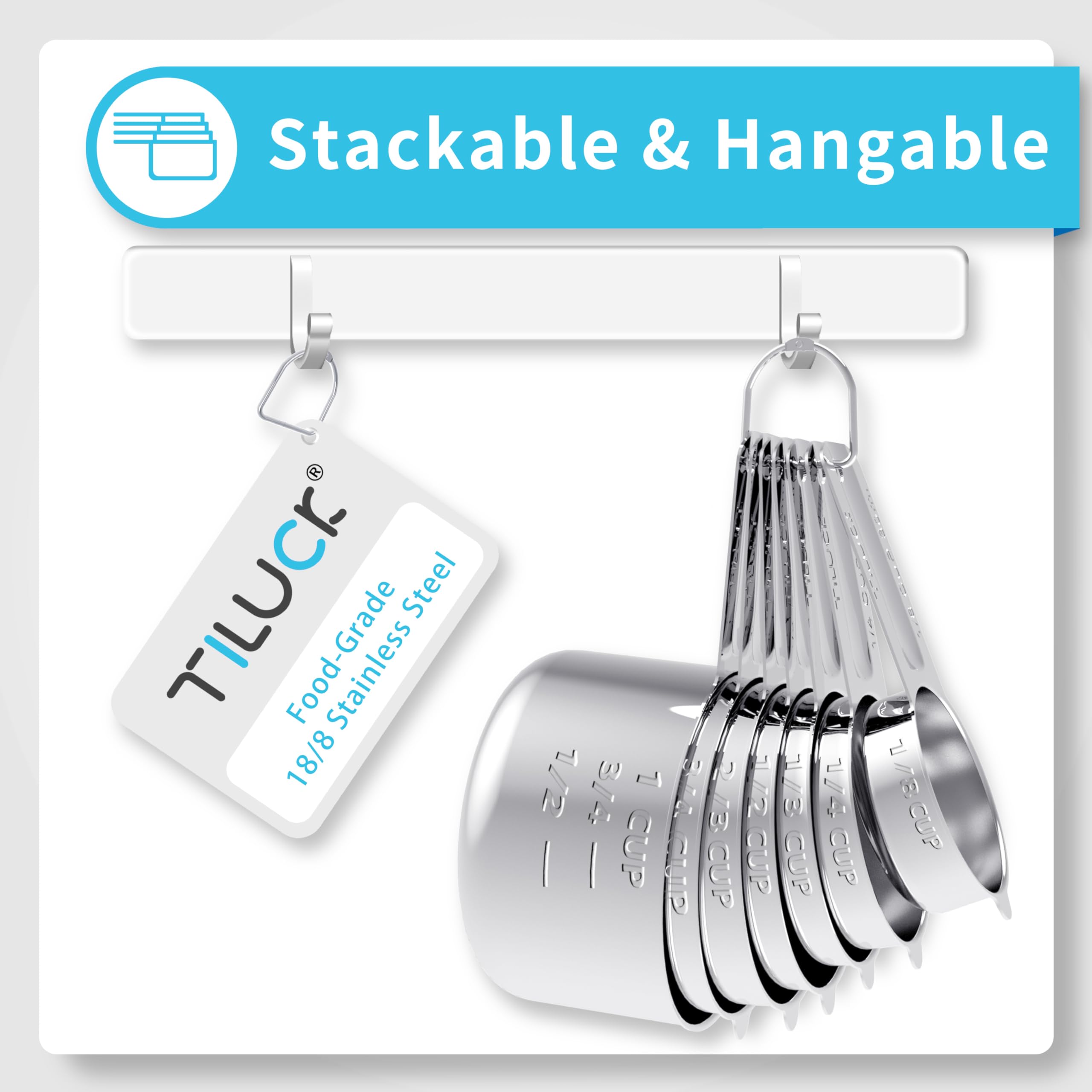 TILUCK 18/8 stainless steel construction highlights rust resistance and safe use with wet ingredients.