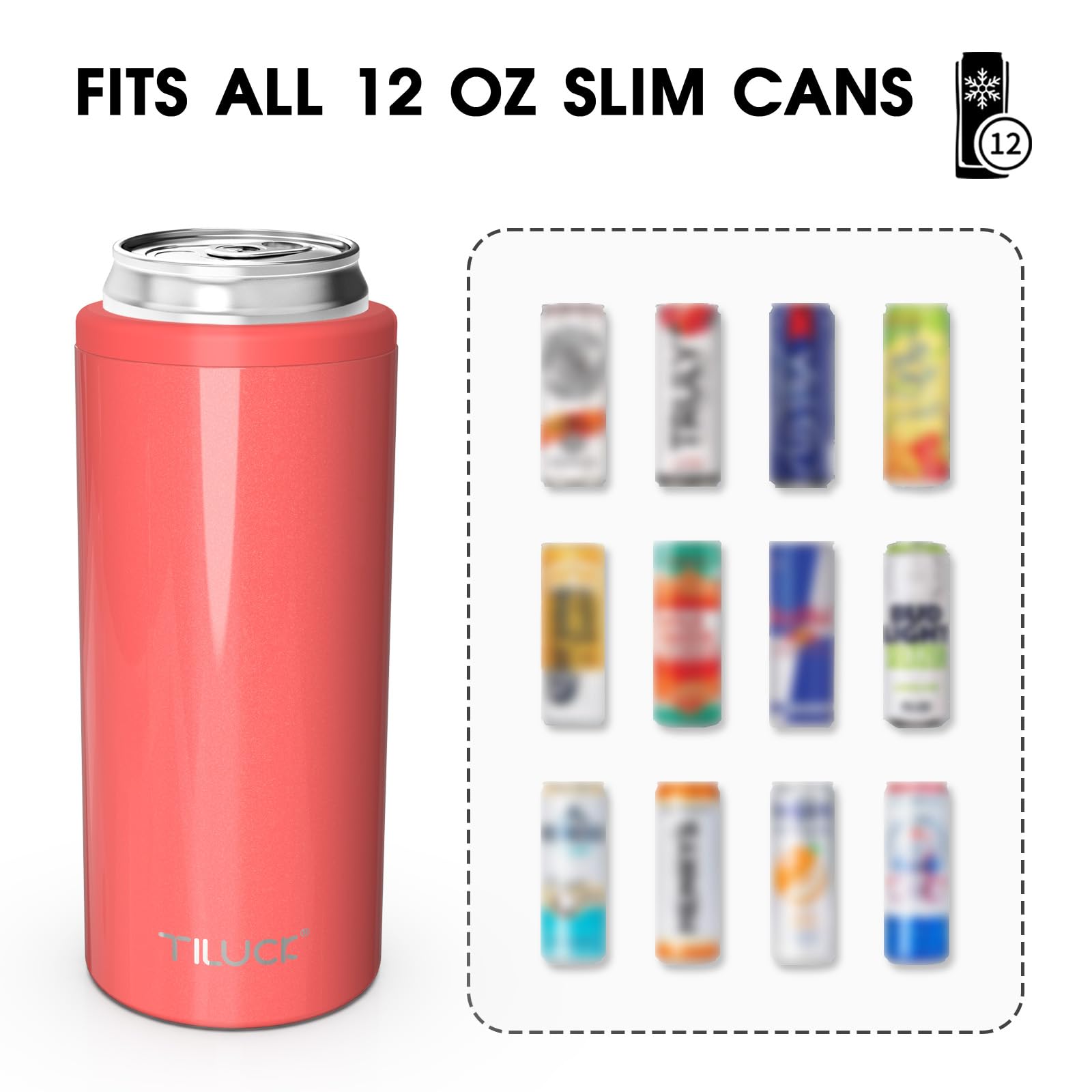 TILUCK Skinny Can Cooler highlighting double-wall stainless steel insulation for longer cold drinks.