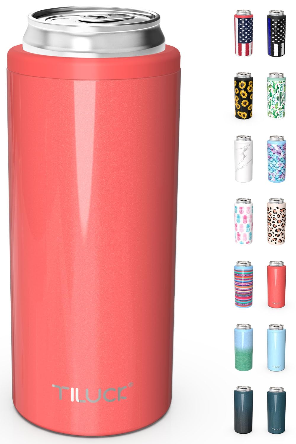 TILUCK Skinny Can Cooler glitter coral closeup highlights glossy finish and compact design for slim cans.