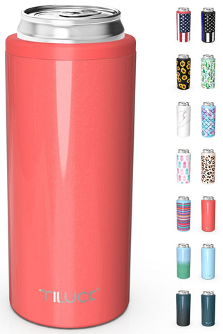 TILUCK Skinny Can Cooler glitter coral closeup highlights glossy finish and compact design for slim cans.