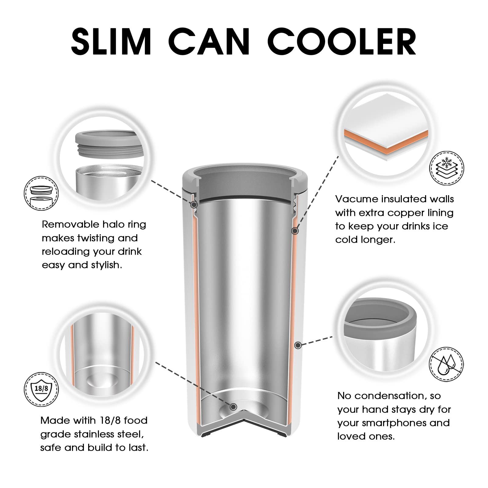 TILUCK Skinny Can Cooler glitter coral in use with a cold beer, keeping it refreshingly chilled.