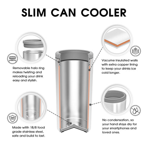 TILUCK Skinny Can Cooler glitter coral in use with a cold beer, keeping it refreshingly chilled.