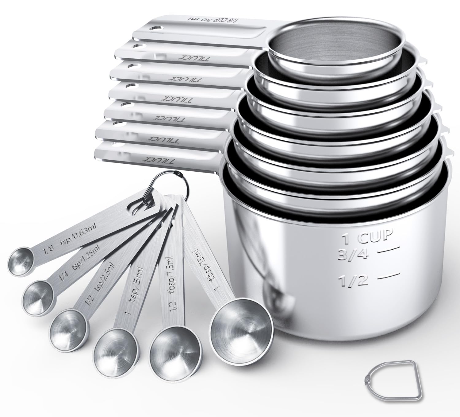TILUCK stainless steel measuring cups with engraved sizes for accurate measurements.