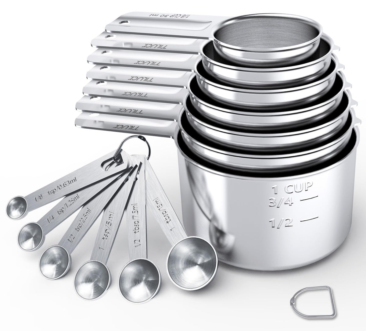 TILUCK stainless steel measuring cups with engraved sizes for accurate measurements.