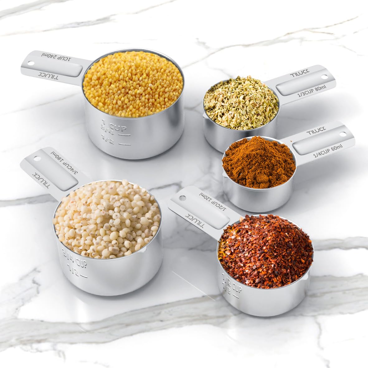 TILUCK one-cup measuring cup for larger ingredients and batches.