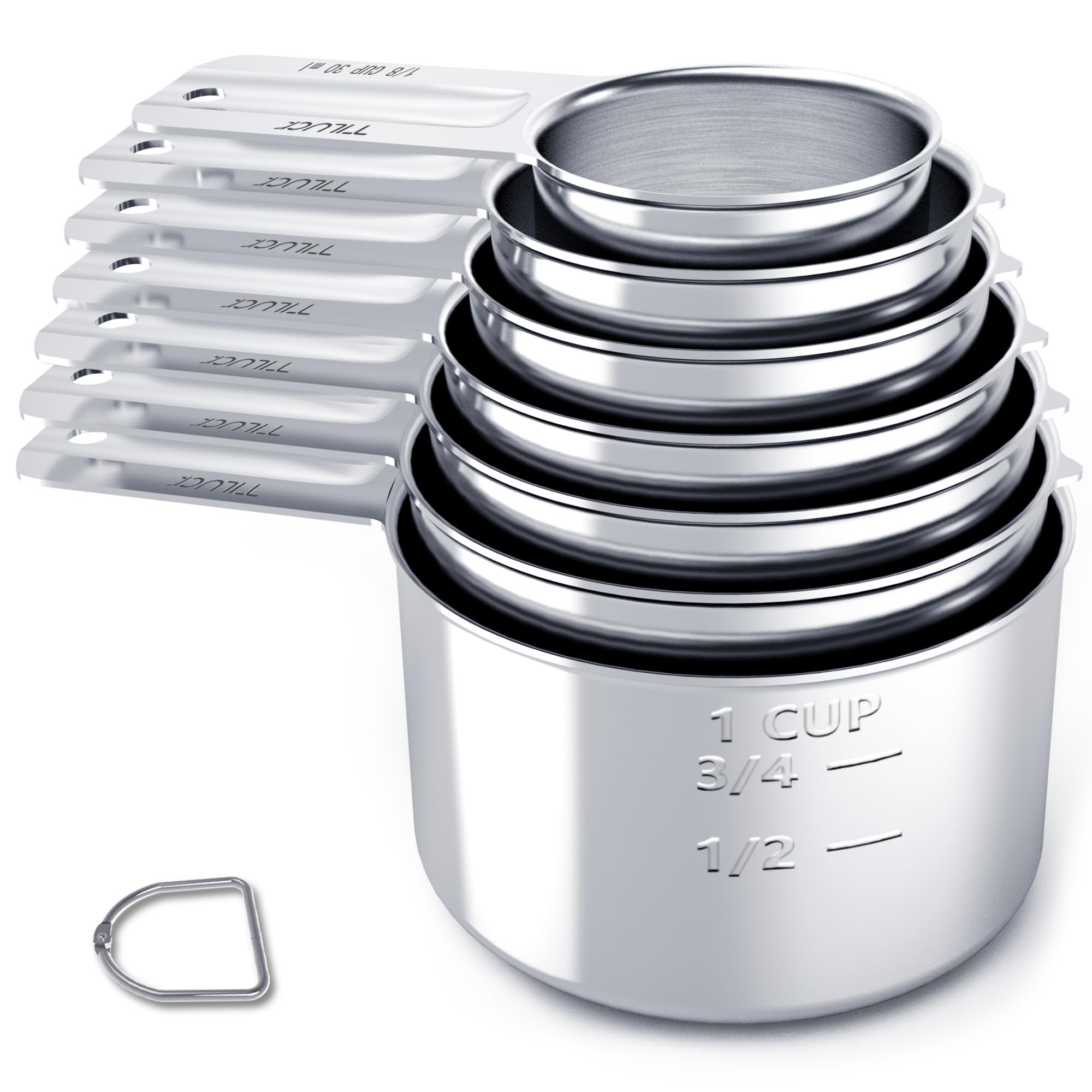 TILUCK 7-piece measuring cups with engraved size marks for quick, accurate measurements.