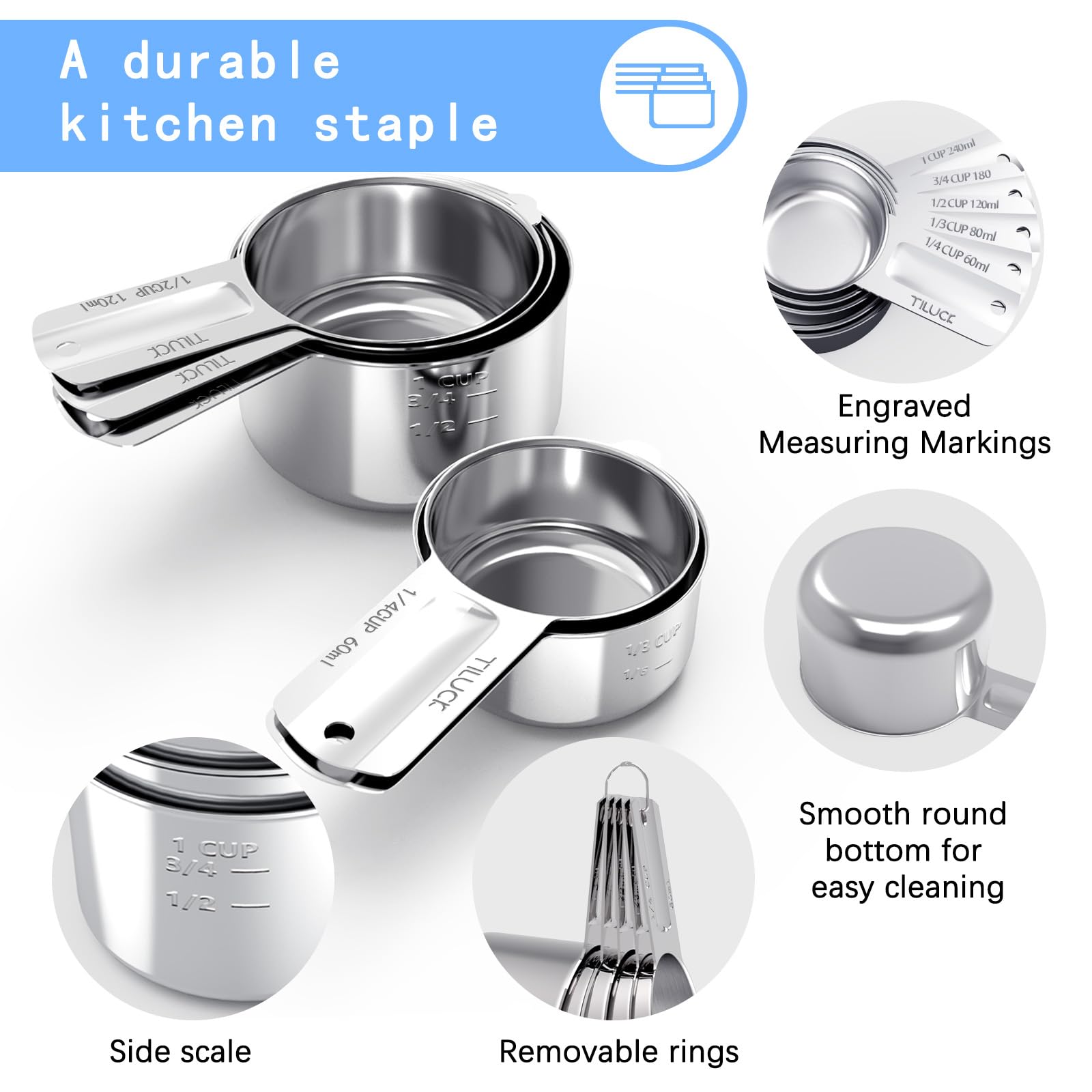 TILUCK three-quarter cup measuring cup ideal for medium portions.